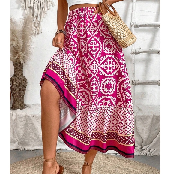 Boho Color Block Print Stretchy Waist Ruffle Hem Skirt - Picture 10 of 14